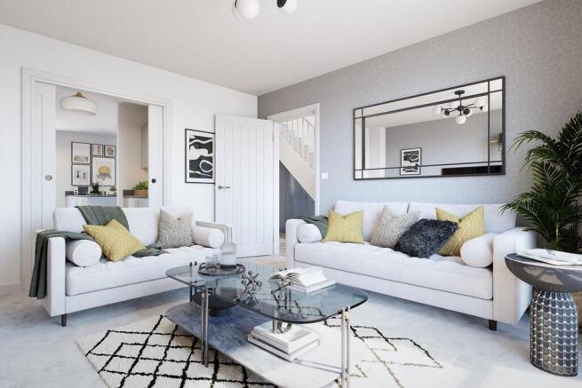 A spacious lounge with sliding doors leading to the kitchen