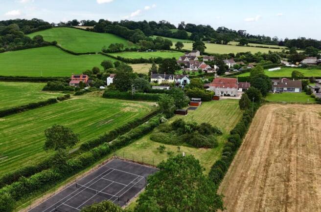 aerial view, house, back garden, tennis court