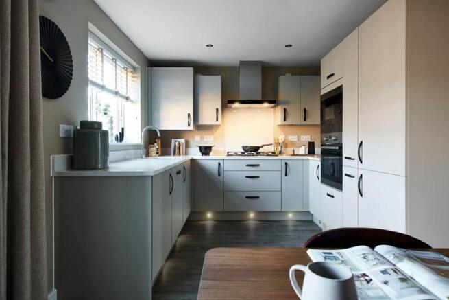 The kitchen features ample storage
