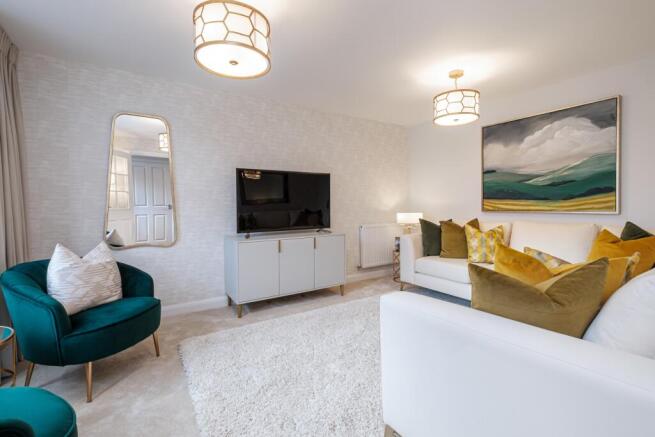 White painted lounge with blue and yellow furniture