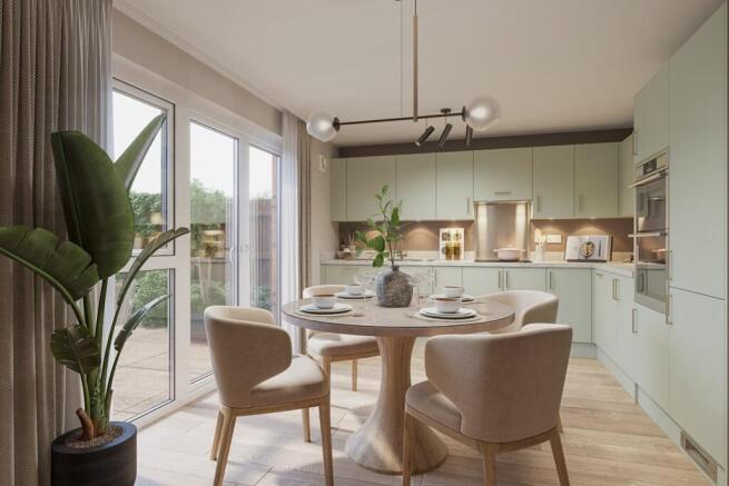 A modern kitchen and dining area with French doors to rear garden