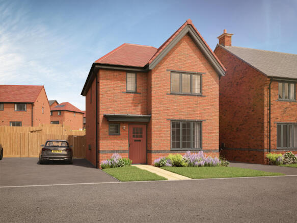 A modern brick house with a red door and manicured lawn sits in the foreground