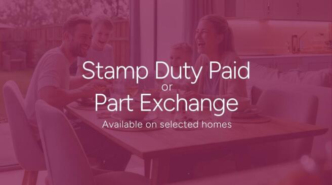 A house icon with a pound sign is centered above the text "Stamp Duty Paid or Part Exchange" on a de