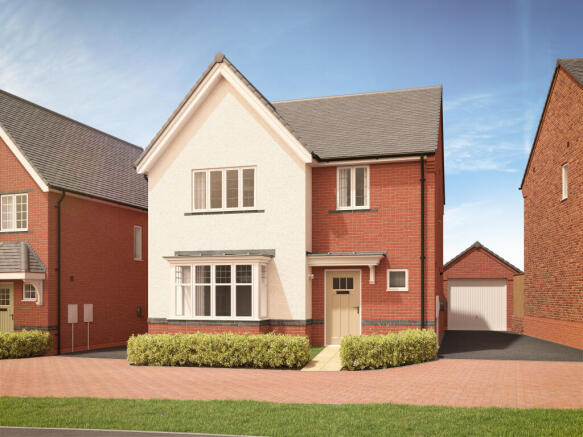 A modern two-story house with red brick and white stucco is fronted by a neatly trimmed hedge and a