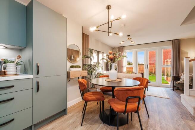 Interior view of the open plan kitchen & dining in our 2 bed Denford home