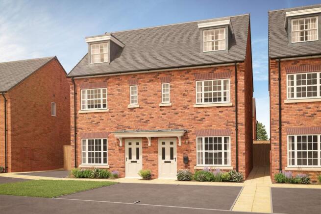 A pair of red brick semi-detached houses with dormer windows and white doors stand in the foreground
