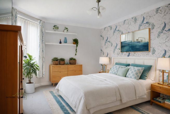 Digitally staged double bedroom at Harewood Court