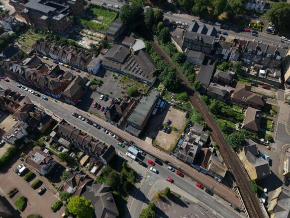 Overhead view of the site layout, frontage buildings and open yard areas