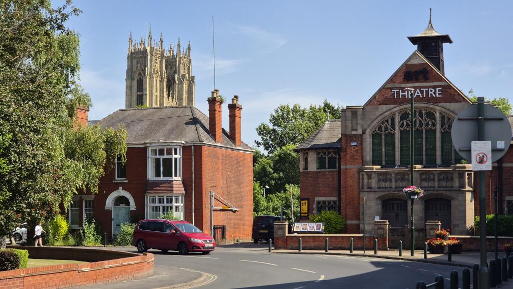 Minster Towers (8 Lord Roberts Road) and adjacent East Riding Theatre. Beverley Minster in the background